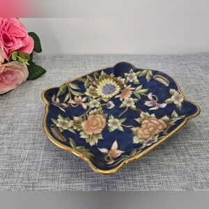 Vintage Nippon Floral‎ Porcelain Plate Handpainted Moriage Very Rare Blue Gold